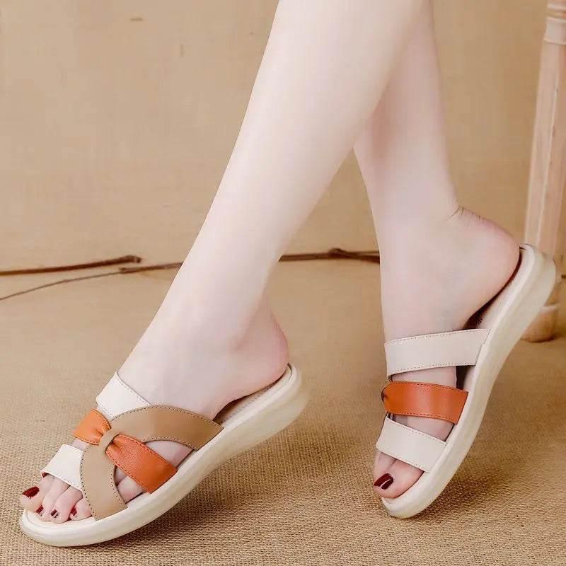 Slides Leather Low Heel Women's Slippers And Ladies Sandals Roman Flip Flops Shoes Eva 2024 Trend Korea Style Top Designs Luxury - Empire P.E