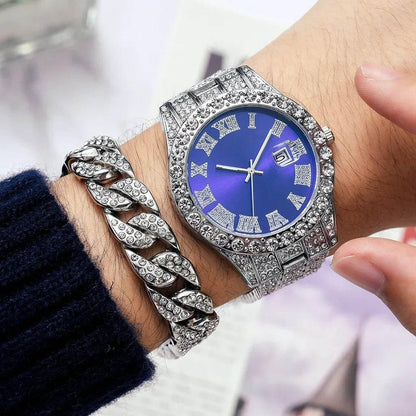 Watch Bracelet Set Hip Hop Stainless Steel Gold Color Calendar Watch for Men Iced Out Paved Rhinestones Men Watch Reloj Hombre - Empire P.E