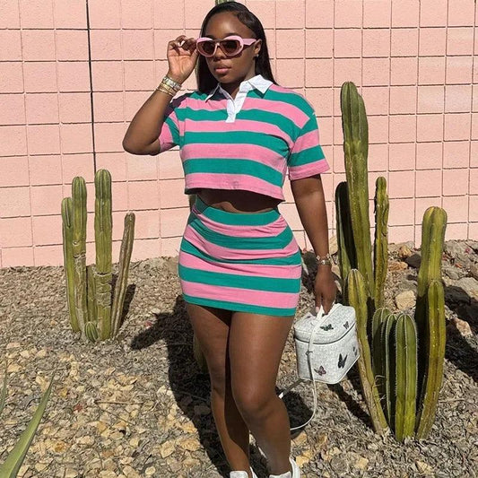 Sporty Fitness Striped Print 2 Pieces Set for Woman Streetwear Casual Turn-down Collar Shirt Crop Top and Mini Skirt Sets Summer - Empire P.E