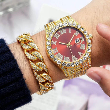 Watch Bracelet Set Hip Hop Stainless Steel Gold Color Calendar Watch for Men Iced Out Paved Rhinestones Men Watch Reloj Hombre - Empire P.E