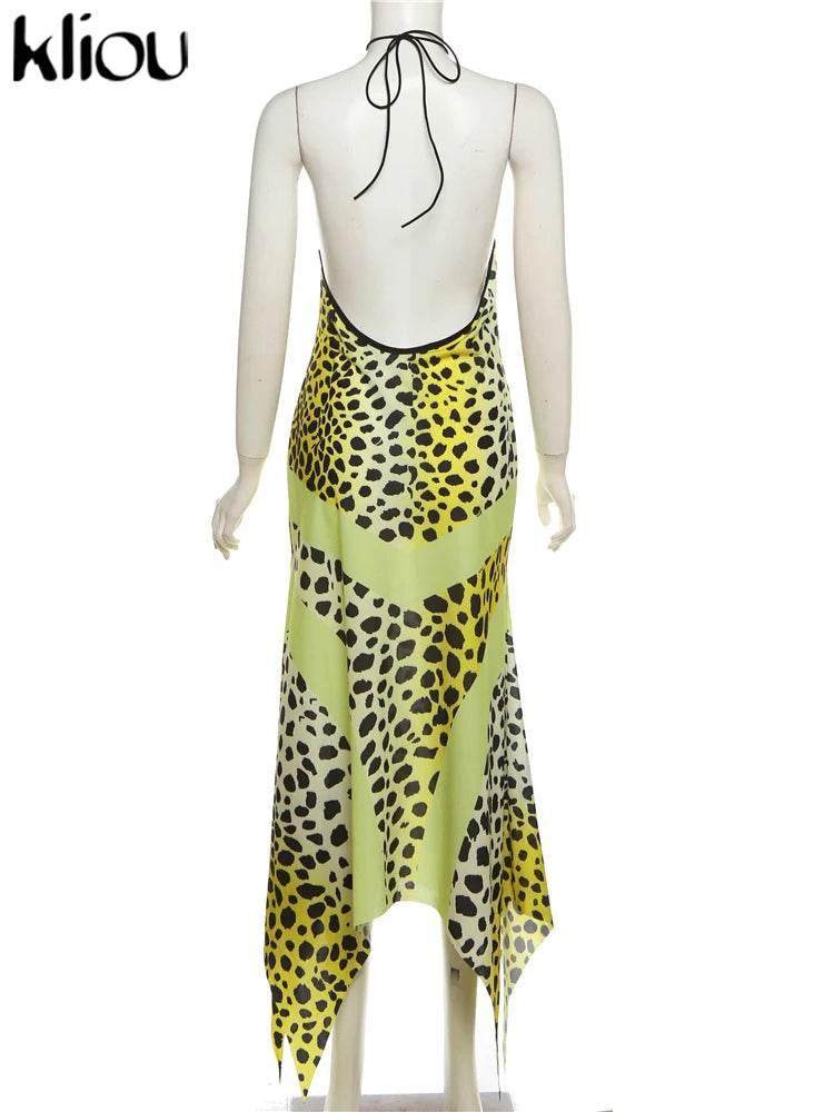 kliou Point Print Irregularly Maxi Dress Women Cross Halter Bandage Hollow Backless Fashion Vestidos Female Evening Party Wear - Empire P.E