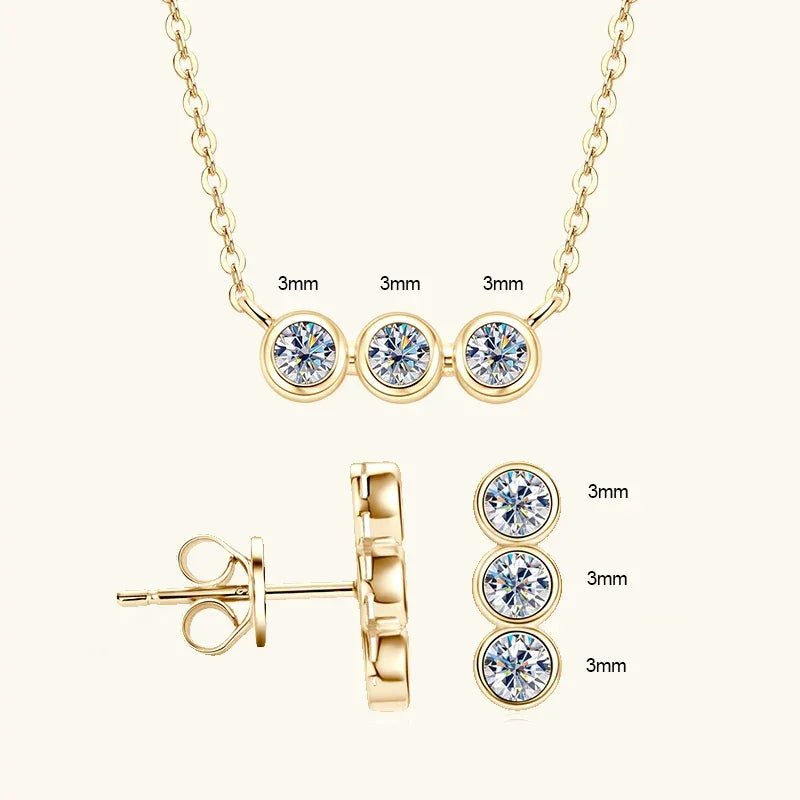 3mm Moissanite Jewelry Sets Real 925 Silver for Women 3 Stones Pendant Necklace Stud Earrings Set - Empire P.E