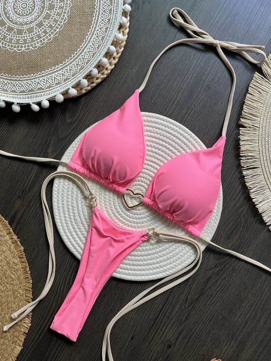 Metal Heart-shaped Halter Mini Micro Thong Bikini