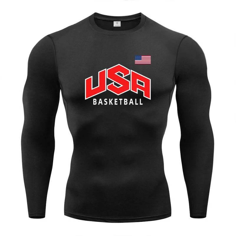 Usa Flag Basketball Athletic Men Running T-Shirt Compression Long Sleeve T Shirt Workout Bodybuilding Fitness Quick Dry Rashgard - Empire P.E