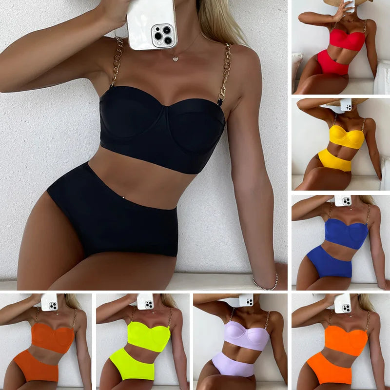 Solid Bikini Sets High Waisted 2024 New Women's Sexy Two Pieces Swimsuit