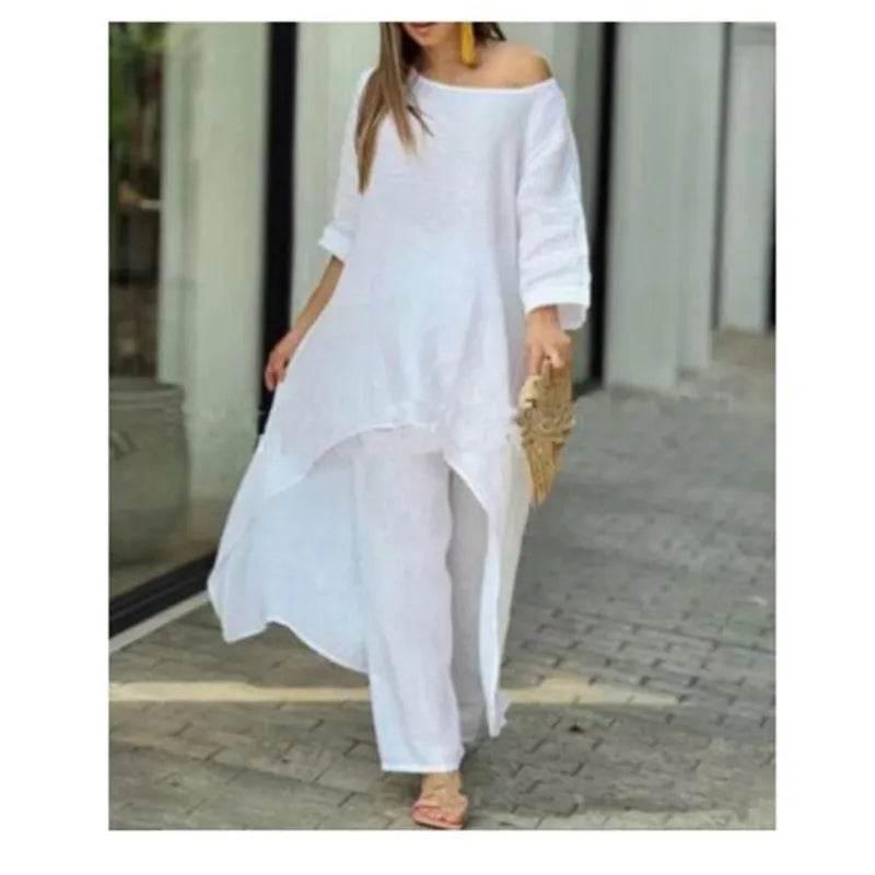 Women's Cotton Linen Long Pants Sets Fashion Solid Casual Irregular Tops Wide Leg Pant Suits Office Lady Two Piece Sets Clothes - Empire P.E