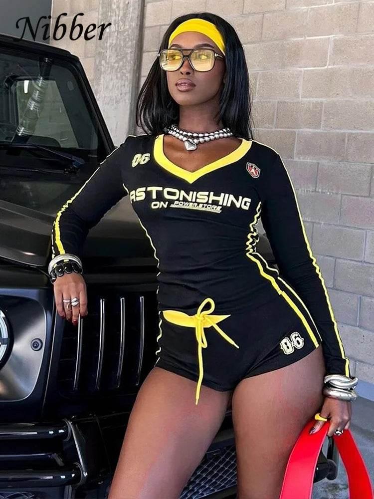 Nibber Women Tracksuit 2 Piece Set Stroke Tight Hipster Letter Print Sporty Casual Crop Tops+Shorts Vitality Matching Outfits - Empire P.E