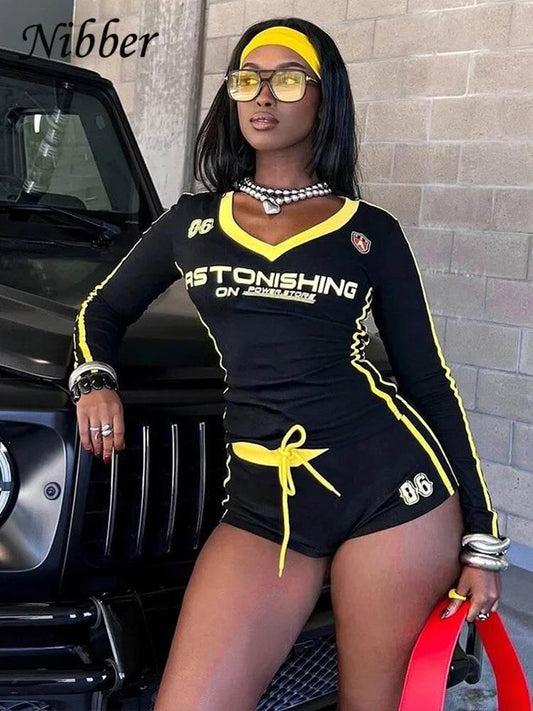 Nibber Women Tracksuit 2 Piece Set Stroke Tight Hipster Letter Print Sporty Casual Crop Tops+Shorts Vitality Matching Outfits - Empire P.E