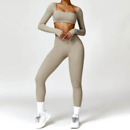 Hearuisavy 2PCS Long Sleeve Gym Set Women Yoga Clothes Quick-Drying Sportswear Running Leggings Workout Sports Crop Top Women - Empire P.E