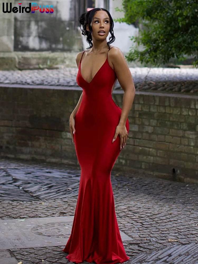 V-Neck Women Evening Long Dress, Sexy, Backless, Sleeveless - Empire P.E