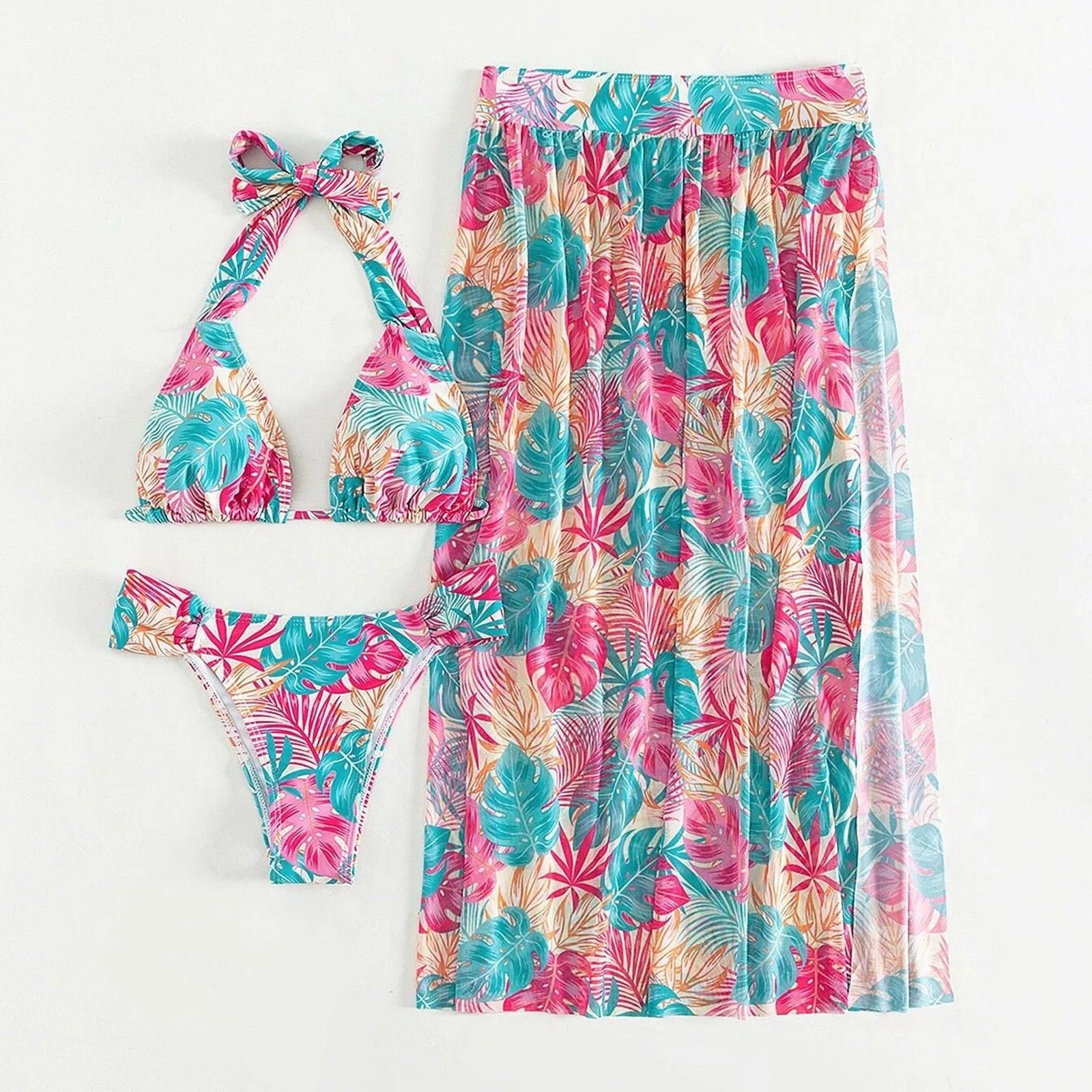 Summer Women Swimwear Leaf Print Tie Up Halter Bathing Suit Tops Shorts Split Beach Cover Up Skirt Female 3pcs Swimsuit Set - Empire P.E