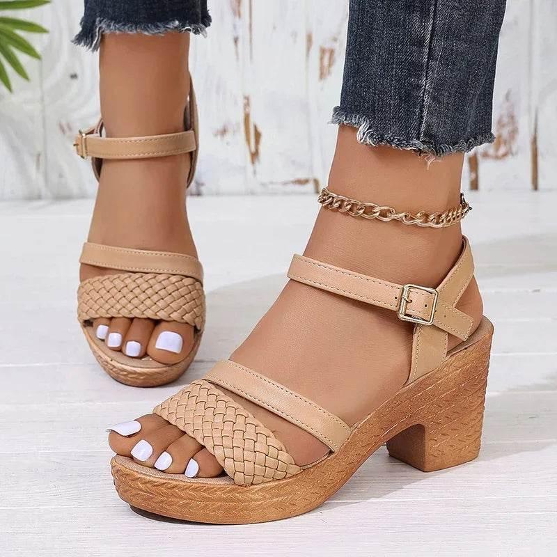 Lucyever Braided High Heels Sandals Women 2025 Summer Pu Leather Platform Gladiator Shoes Woman Ankle Buckle Thick Heel Sandles - Empire P.E