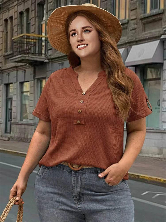 plus sizebutton decorative t-shirt, casual V-neck short-sleeved t-shirt, women's large clothing - Empire P.E