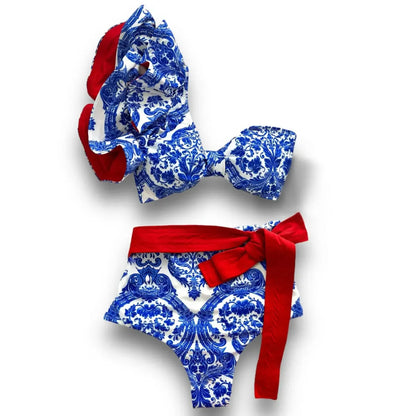 Two-Pieces Women Floral 2025 Push-Up Padded Bra Ruffles Bandage Bikini Set