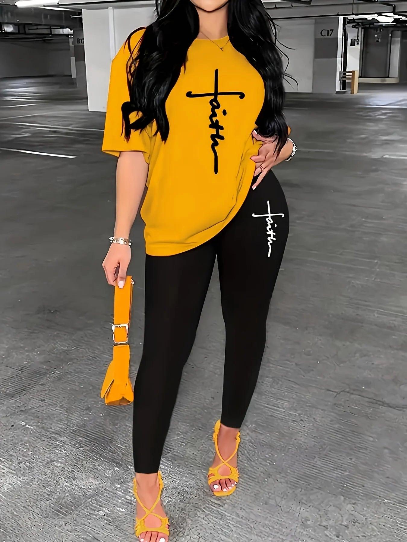 Women's Sports Outfit Set Plus Size Letter Print Black Short Sleeve T-shirt Top & Pants Fitness 2 Piece Set - Empire P.E