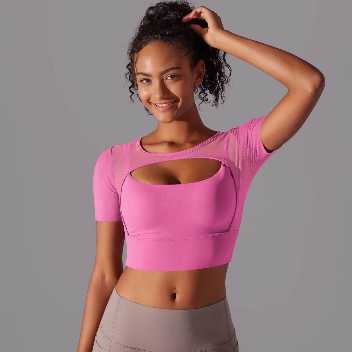 Solid Color Yoga Short Sleeve Sexy Double Layer Yoga Tank Top Spliced Mesh Yoga Clothing Top Fitness Running Sports Bra Women - Empire P.E