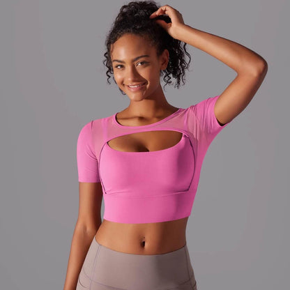 Solid Color Yoga Short Sleeve Sexy Double Layer Yoga Tank Top Spliced Mesh Yoga Clothing Top Fitness Running Sports Bra Women - Empire P.E