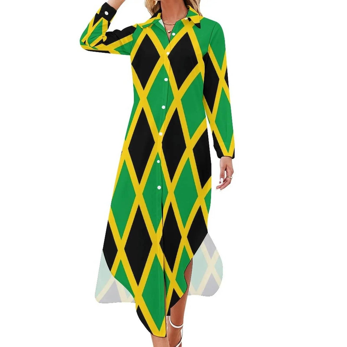 Patriotic Jamaica Flag Chiffon Dress Sexy V Neck Green Yellow Pretty Dresses Ladies Street Wear Casual Dress Gift - Empire P.E