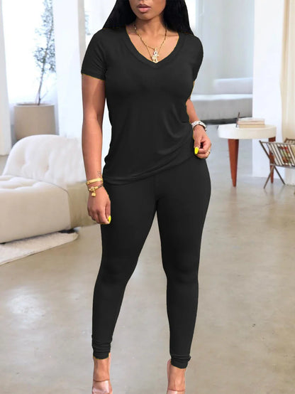 Summer Women's V-Neck One Shoulder Short Sleeve Long Pants - Empire P.E