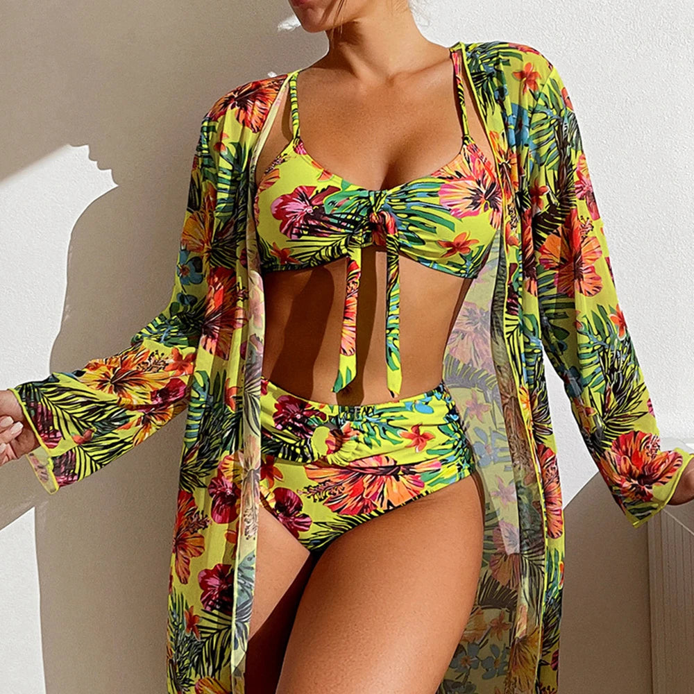 2025 Women's Sexy High Waist Bikini 3 Pieces Floral Print Swimsuit