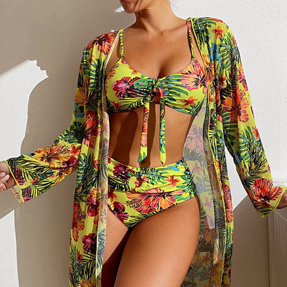 2025 Women's Sexy High Waist Bikini 3 Pieces Floral Print Swimsuit