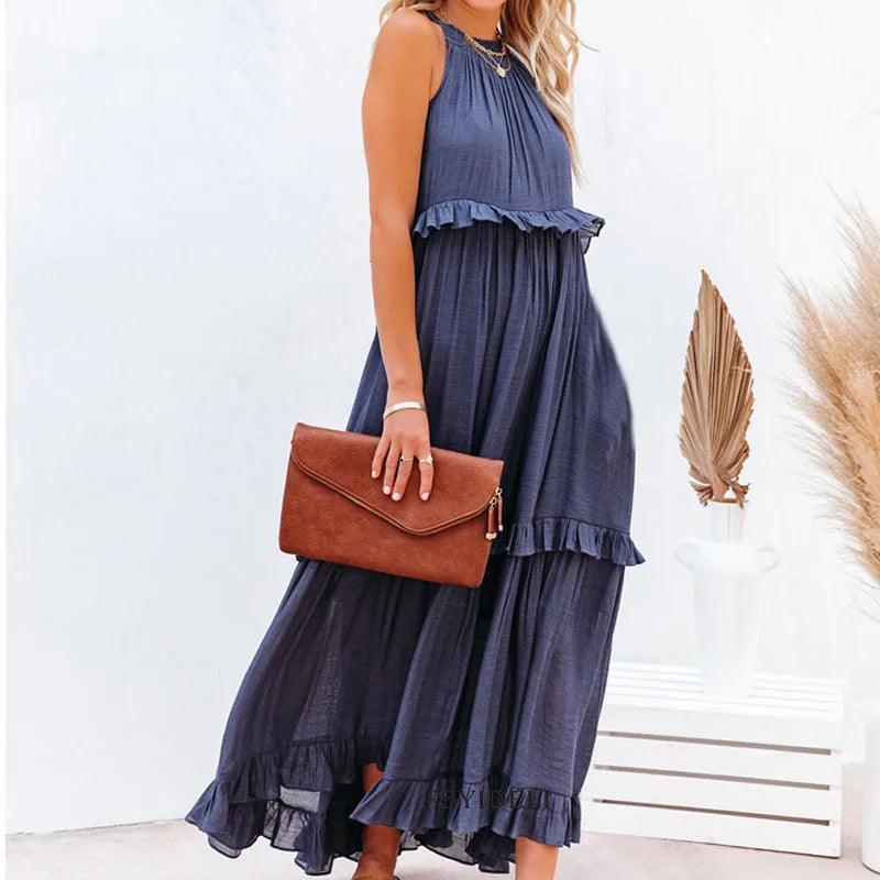 Women Casual Solid Ruffles Long Dress - Empire P.E