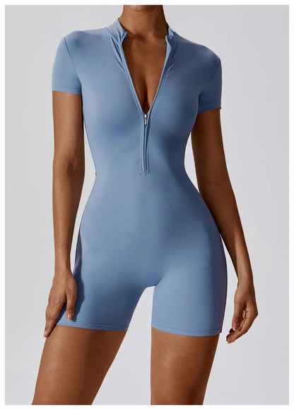 Yoga Set Women's One-Piece Suit Zipper Short Sleeve Gym Push Up Workout Clothes Fitness Short Bodysuit Sportswear Jumpsuits - Empire P.E