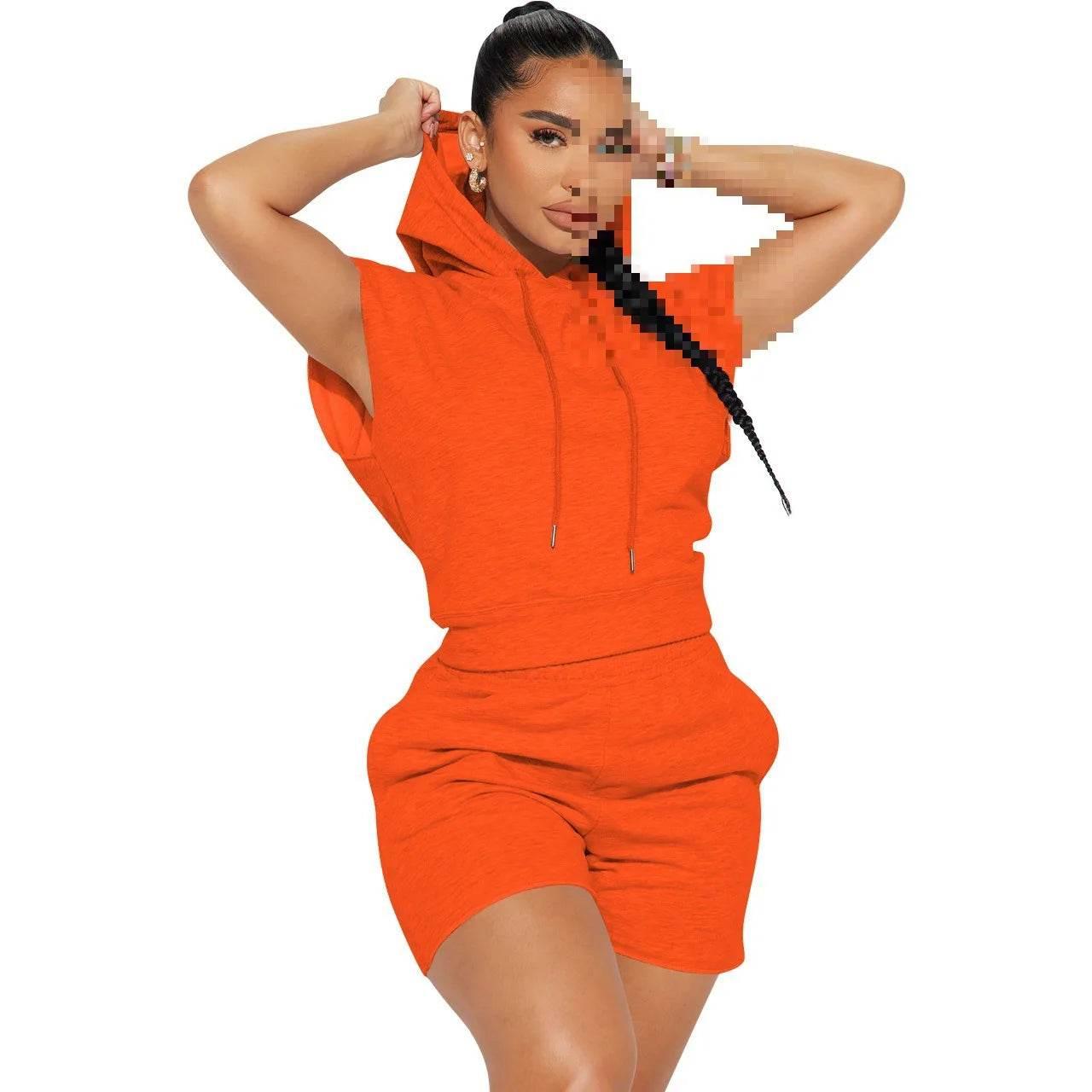 Summer 2024 Women's New Sexy Sleeveless Fashion Casual Sports Short Sleeved Hooded 3/4 Shorts Two Piece Set For Women - Empire P.E
