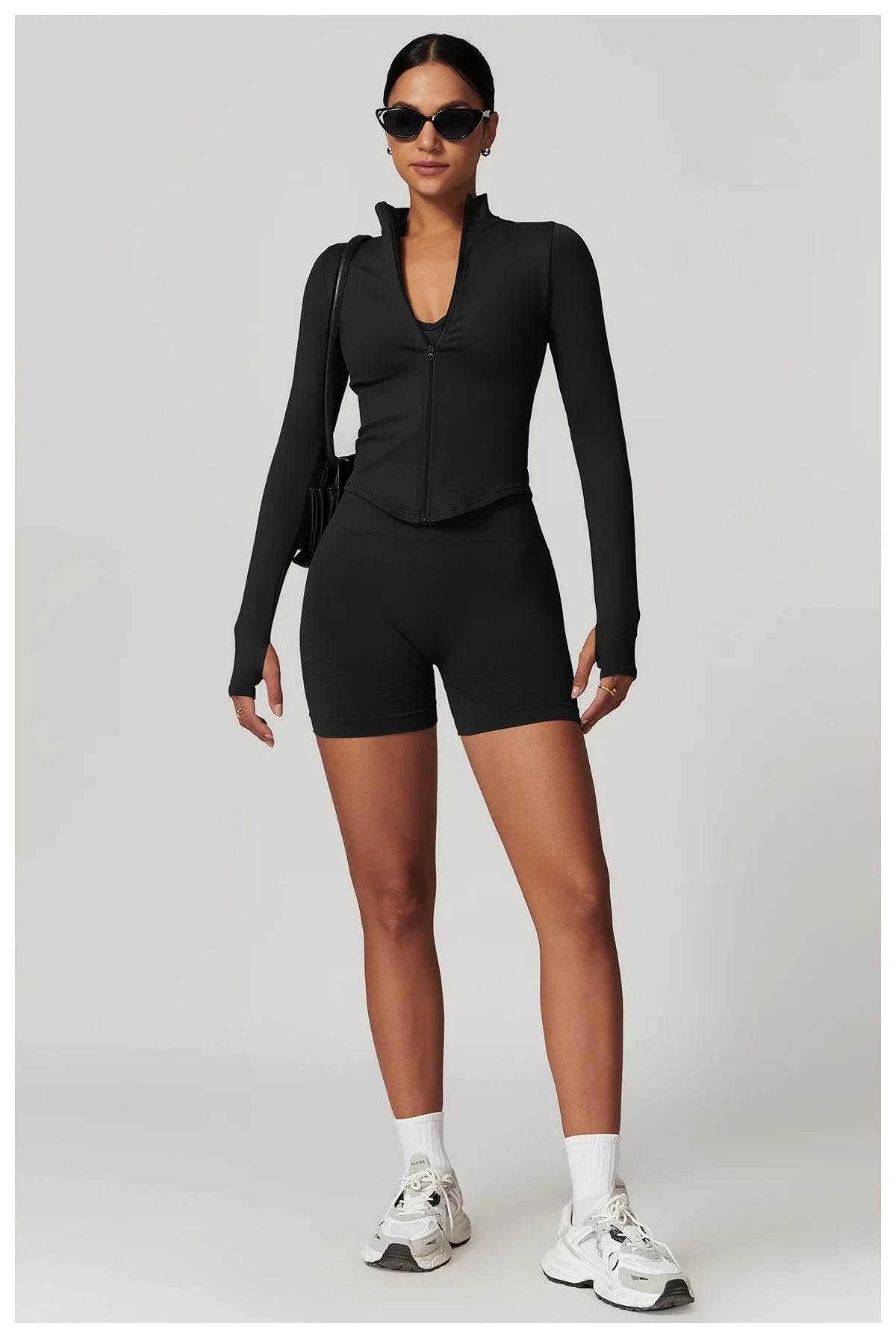 Women Seamless Zipper Jacket Yoga Long Sleeved Gym Top Ribbed Yoga Stand Collar Jacket Running Workout Sport Coat Women's Shirts - Empire P.E