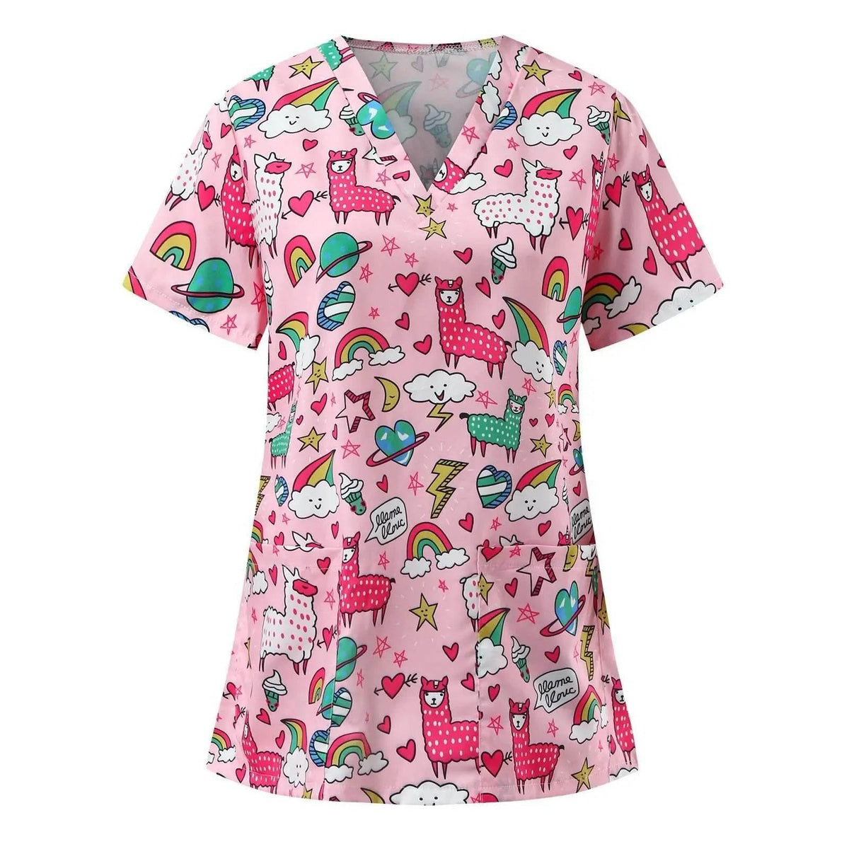 Women Working Uniform Animal Print Cartoon Cat Dog Short Sleeve V-neck Tops - Empire P.E