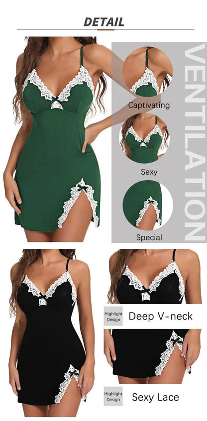 Women Lace Silk Satin V-Neck Hem Soft Lingerie - Empire P.E