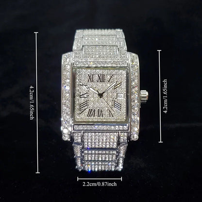 New Luxury Diamond Watch for Men Fashion Ice Out Rectangle Wristwatch - Empire P.E