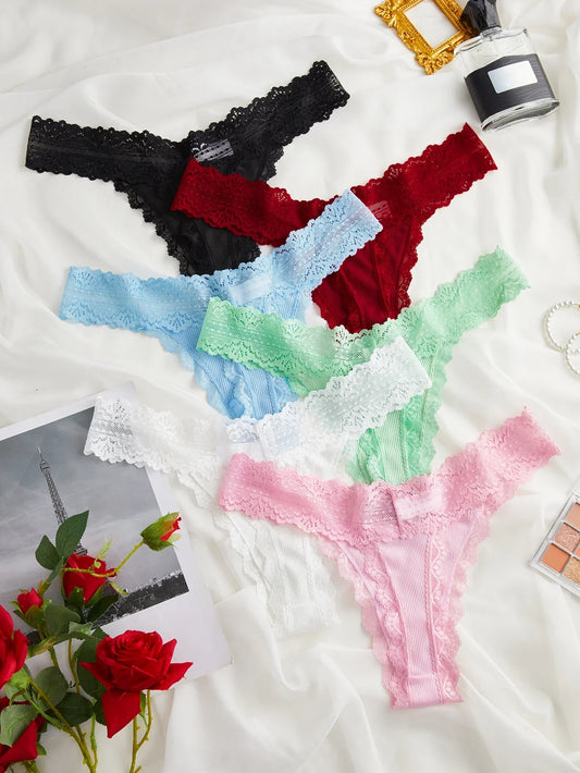 6pcs/Set Perspective Floral Panties Women Lace Thongs Low Waist - Empire P.E