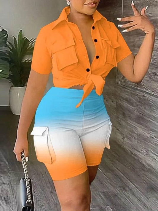 Pant Sets Women Printed Short Sleeved Shirt, 2-piece Suit With Pockets, Shoelace Top, Shorts, Thin Handbag, Summer - Empire P.E