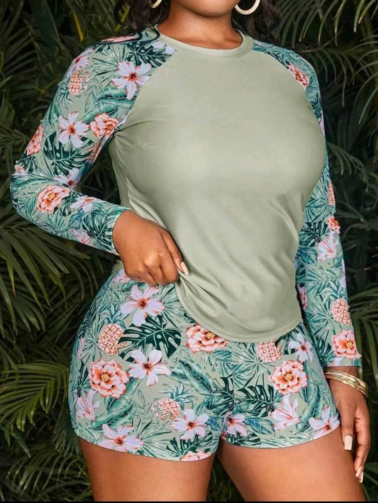 2025 Tropical Long Sleeve Swimsuit Women Plus Large Size Swimwear XL-4XL - Empire P.E