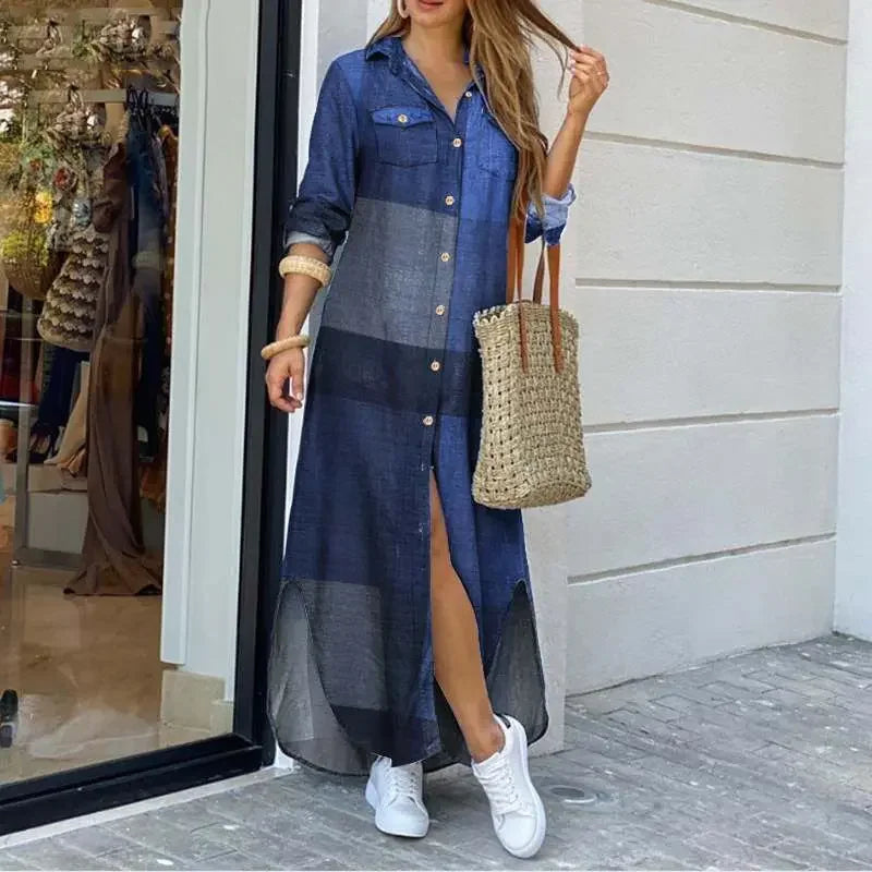 Long Sleeve Dress Plaid Robe Maxi Beach Dress - Empire P.E