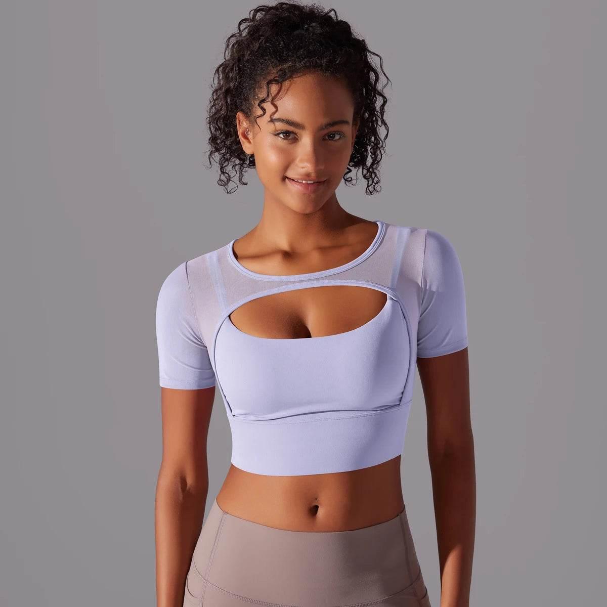 Solid Color Yoga Short Sleeve Sexy Double Layer Yoga Tank Top Spliced Mesh Yoga Clothing Top Fitness Running Sports Bra Women - Empire P.E