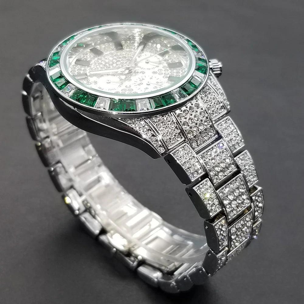 Hip Hop Calendar Watch For Men Stylsih Ice Out Green Diamond - Empire P.E
