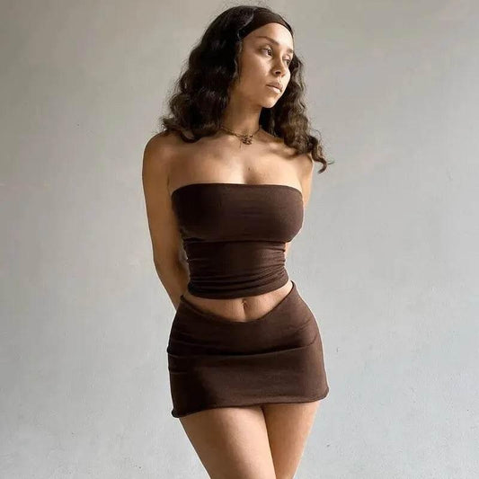 Hawthaw Women 2024 Summer Tube Tops Mini Skirts Party Club Two Piece Matching Sets Vacation Outfits Wholesale Items For Business - Empire P.E