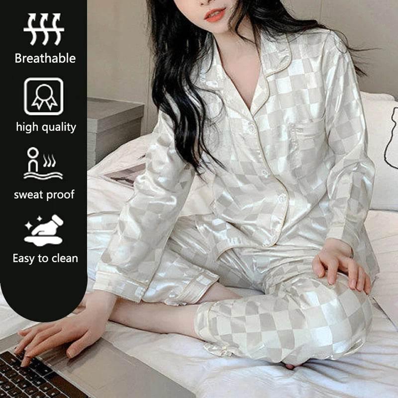 Plus Size Women Pajamas Set Long Sleeves Girl Home Wear Two-Piece Cardigan Solid Plaid Sleepwear Sexy Nightwear Autumn Winter - Empire P.E