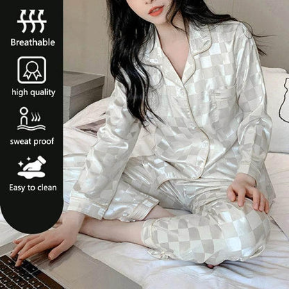 Plus Size Women Pajamas Set Long Sleeves Girl Home Wear Two-Piece Cardigan Solid Plaid Sleepwear Sexy Nightwear Autumn Winter - Empire P.E