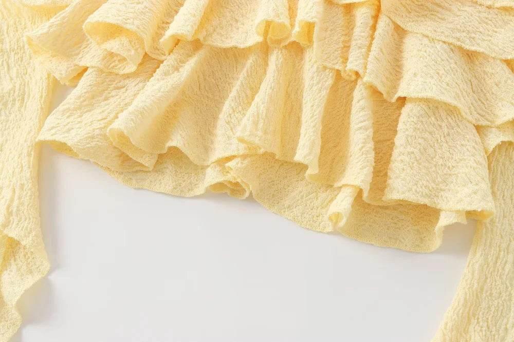 Textured halter crop top with ruffles Women's short yellow sleeveless top with sexy streamers for summer 2024 traf - Empire P.E