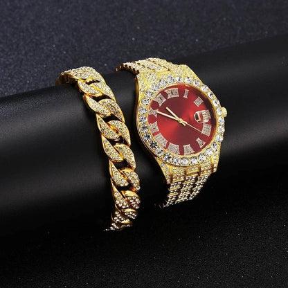Watch Bracelet Set Hip Hop Stainless Steel Gold Color Calendar Watch for Men Iced Out Paved Rhinestones Men Watch Reloj Hombre - Empire P.E