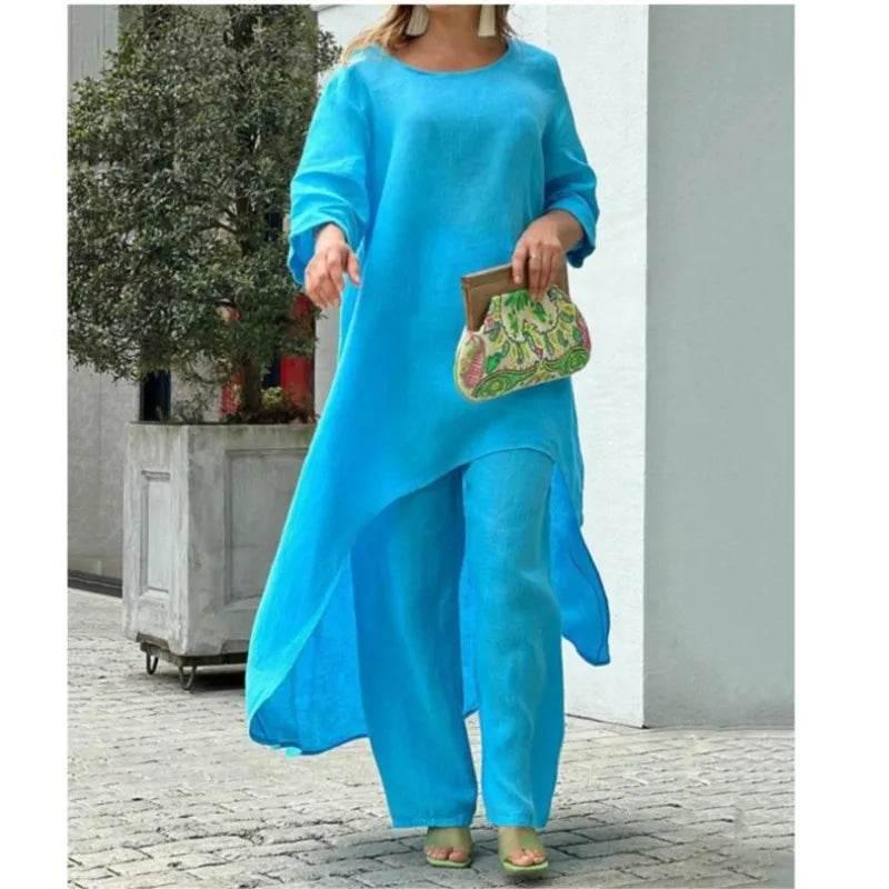 Women's Cotton Linen Long Pants Sets Fashion Solid Casual Irregular Tops Wide Leg Pant Suits Office Lady Two Piece Sets Clothes - Empire P.E