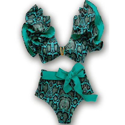 Two-Pieces Women Floral 2025 Push-Up Padded Bra Ruffles Bandage Bikini Set