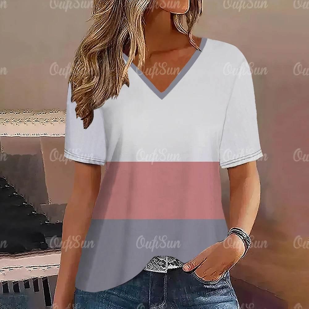 Women's T-Shirt Summer Stripe Short Sleeve Tee Shirt Fashion Blue V-Neck Female Clothing Casual New T-Shirt for Women Pullover - Empire P.E