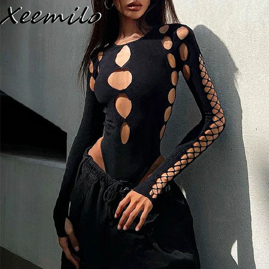 Sexy Dot Hollow Out Bodysuit Y2K Gothic - Empire P.E