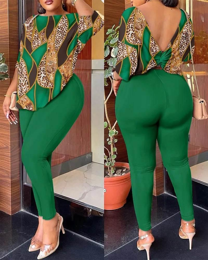 Autumn Women's New Fashion Printed Suit Round Neck Sexy Backless Quarter-sleeved Trousers Casual And Comfortable Two-piece Set - Empire P.E