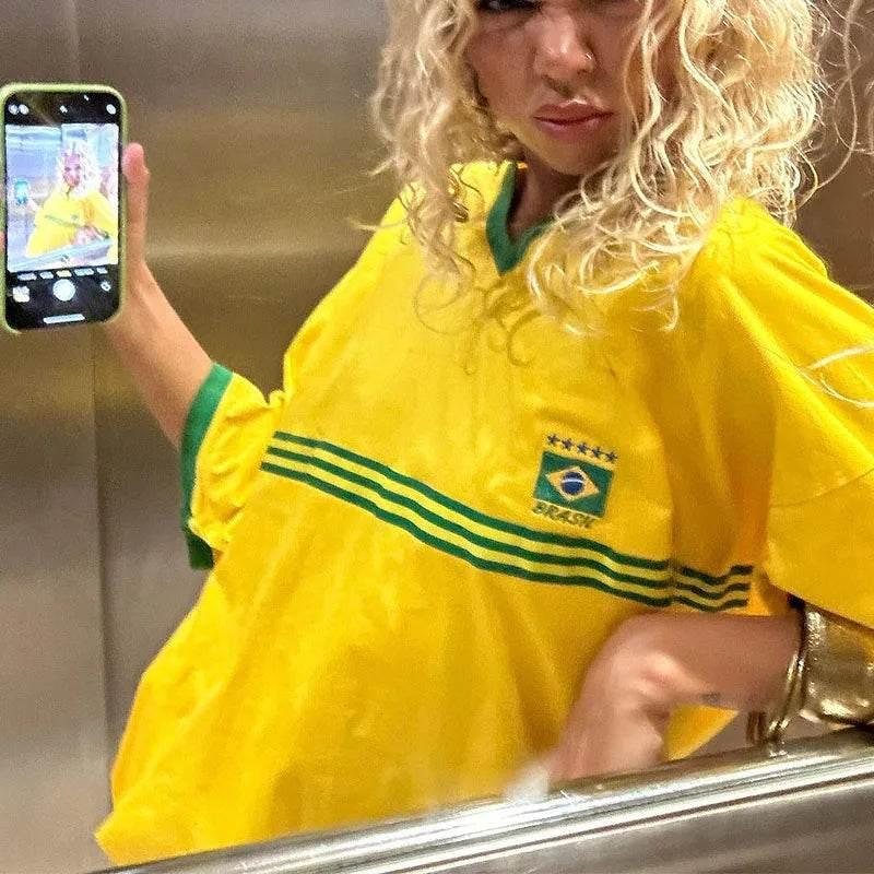 Brazil Embroidery Yellow Tshirt Casual Loose Medium And Long Sleeves Y2k Clothing Tops Oversized T-shirt Beach Summer Women Tees - Empire P.E