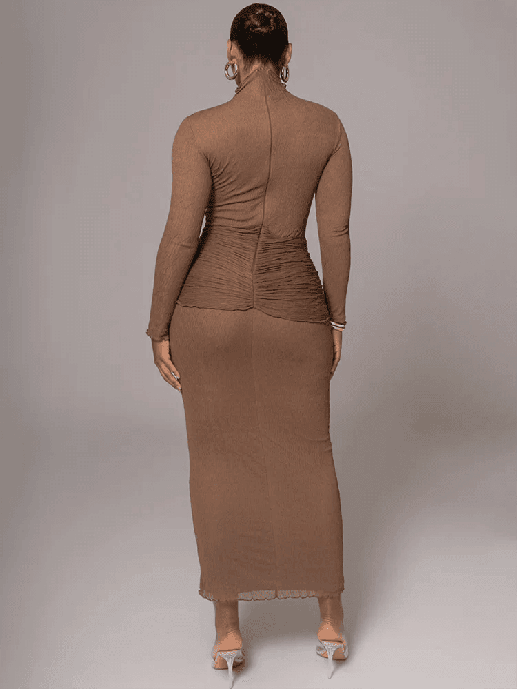 Mozision Elegant Long Sleeve Sexy Maxi Dress For Women Gown Fashion Drape Turtleneck Ruched Bodycon Club Party Long Dress - Empire P.E